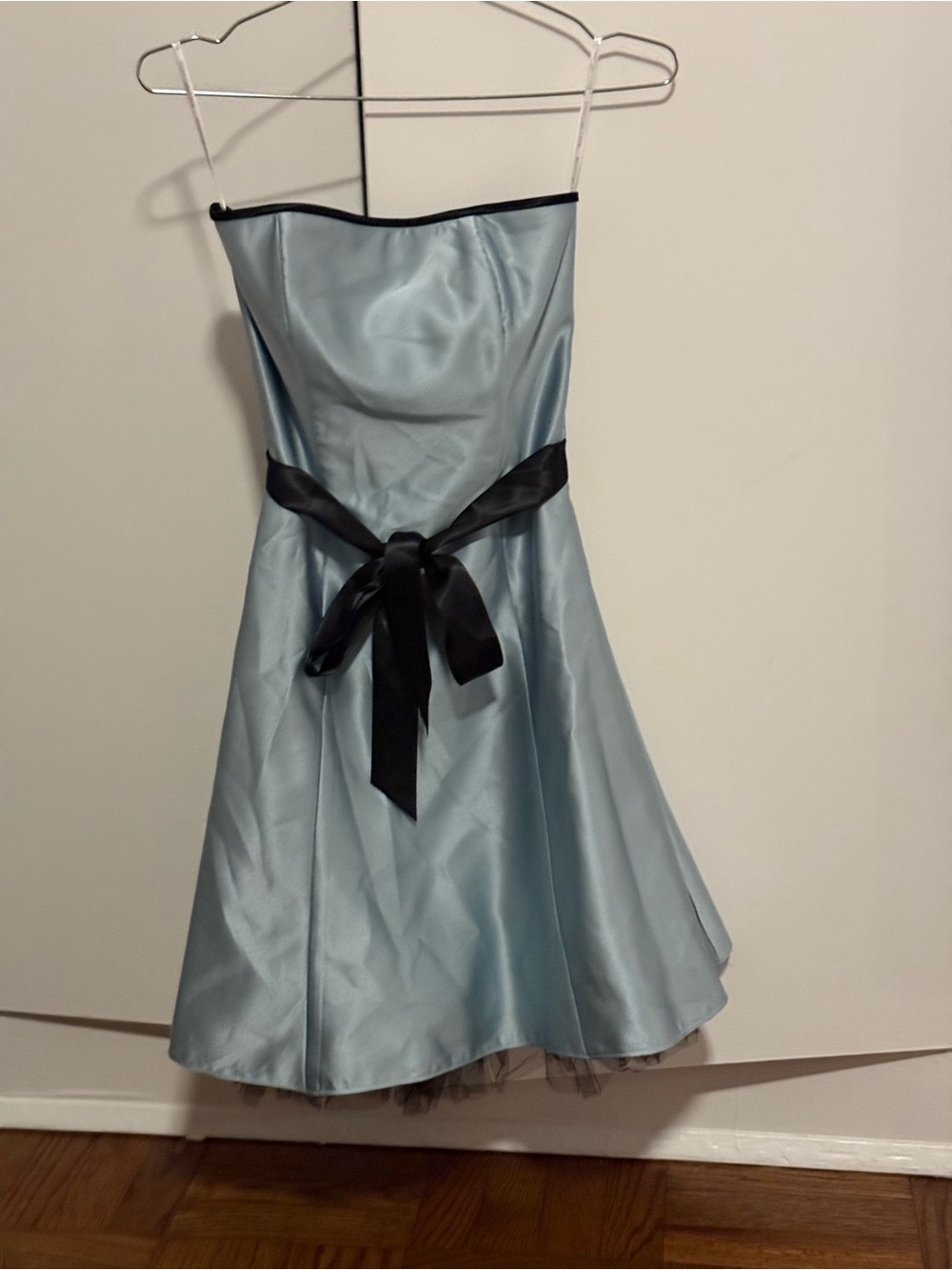 Strapless Light Blue Satin Cocktail Dress with Black Sash